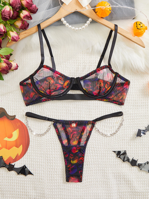 لانجيري Halloween Skull Print Sexy Thong Bra Set | شوباهوليك