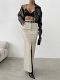 Women's Slit Solid Color High Waist Simple Leather Slim Skirt