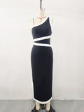 One-shoulder colorblocked long skirt waist tight dress party banquet dress