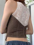 Sexy Hot Girl Button Cardigan Spliced Lace Halter Top Vest