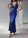 Sexy solid color slim fit deep v backless evening dress long dress