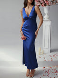 Sexy solid color slim fit deep v backless evening dress long dress