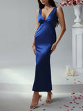 Sexy solid color slim fit deep v backless evening dress long dress