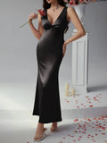 Sexy solid color slim fit deep v backless evening dress long dress