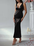 Sexy solid color slim fit deep v backless evening dress long dress