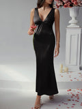 Sexy solid color slim fit deep v backless evening dress long dress