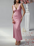 Sexy solid color slim fit deep v backless evening dress long dress