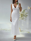 Sexy solid color slim fit deep v backless evening dress long dress