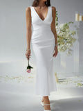 Sexy solid color slim fit deep v backless evening dress long dress