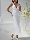 Sexy solid color slim fit deep v backless evening dress long dress
