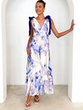 Lace-up women's long dress V-neck sleeveless printed dress