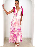 Lace-up women's long dress V-neck sleeveless printed dress