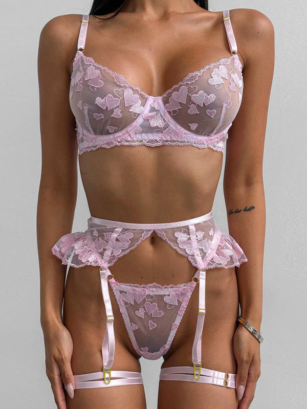 لانجيري Heart-shaped embroidered sexy lingerie four-piece set | شوباهوليك