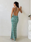 Sexy backless fishtail long dress casual holiday date music festival floral suspender dress