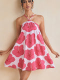 Women's sexy halter neck long swing printed short dress