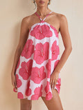 Women's sexy halter neck long swing printed short dress