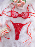 Lace Mesh Embroidered Bra Love Bow Tie Red Underwear Set