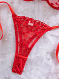 Lace Mesh Embroidered Bra Love Bow Tie Red Underwear Set