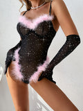 Sexy See-through Simple Slim Hip-Lifting Feather Splicing Bodysuit