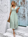 New V-neck slit fresh light green dress