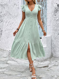 New V-neck slit fresh light green dress