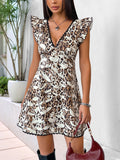 Personalized lace flying sleeves V-neck leopard print dress