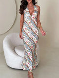 Sexy Printed Halter Backless V Neck Dress