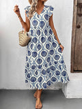 Vacation Loose V-Neck Ethnic Print Long Dress