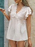 Casual loose holiday style jacquard polka dot v-neck short-sleeved top