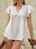 Casual loose holiday style jacquard polka dot v-neck short-sleeved top