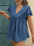 Casual loose holiday style jacquard polka dot v-neck short-sleeved top