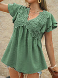 Casual loose holiday style jacquard polka dot v-neck short-sleeved top