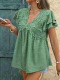Casual loose holiday style jacquard polka dot v-neck short-sleeved top