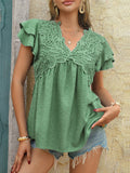 Casual loose holiday style jacquard polka dot v-neck short-sleeved top