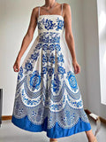 New style ethnic style symmetrical printed dress with suspenders