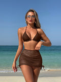 Sexy backless solid color bikini three piece set