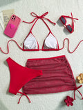 Sexy backless solid color bikini three piece set