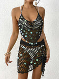 Women's sequin stitching pure hand hook bikini two-piece cover-up