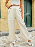 Button-decorated high-waisted solid-color casual straight-leg trousers