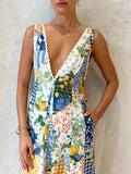 Casual printed women's sleeveless large V-neck swing dress