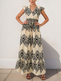 New style holiday style printed dress ethnic casual V-neck high waist flying sleeve long dress
