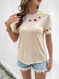 Casual sweet style heart embroidered hollow short-sleeved T-shirt