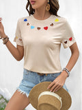 Casual sweet style heart embroidered hollow short-sleeved T-shirt