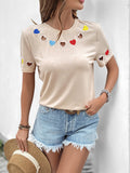 Casual sweet style heart embroidered hollow short-sleeved T-shirt
