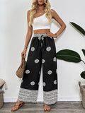 Holiday ethnic style printed straight trousers elastic waist drawstring casual comfortable straight trousers