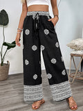 Holiday ethnic style printed straight trousers elastic waist drawstring casual comfortable straight trousers