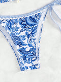 Blue floral print sexy strappy bikini set