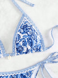 Blue floral print sexy strappy bikini set