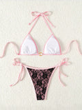 Black lace and pink backless bikini