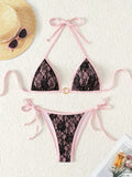 Black lace and pink backless bikini